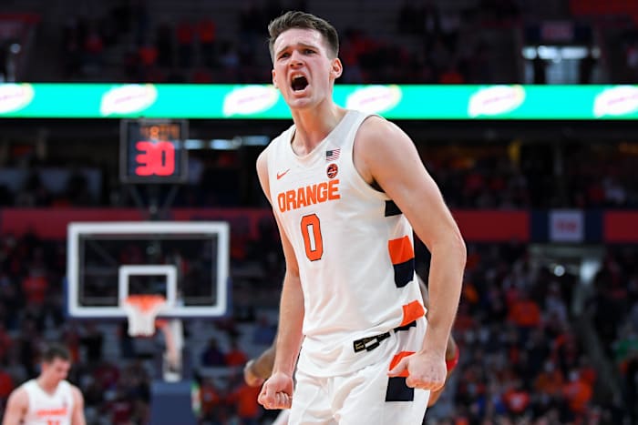 Syracuse Orange forward Jimmy Boeheim (0) reacts to a play against the Indiana Hoosiers during the second half at the Carrier Dome.